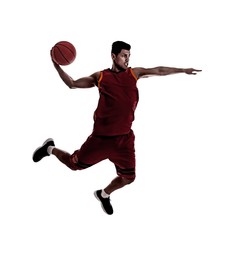 Image of Silhouette of professional sportsman playing basketball on white background