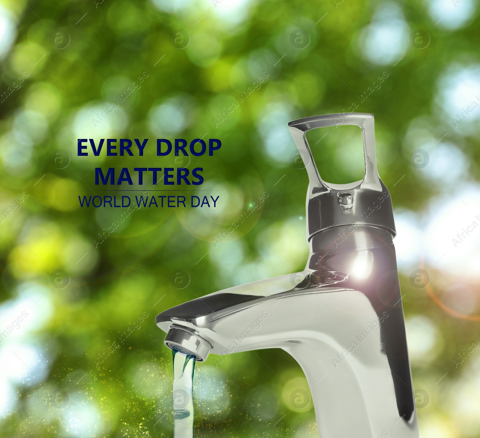 Image of World Water Day. Drop flowing from tap outdoors on sunny day, bokeh effect