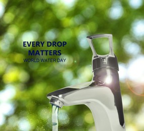 Image of World Water Day. Drop flowing from tap outdoors on sunny day, bokeh effect