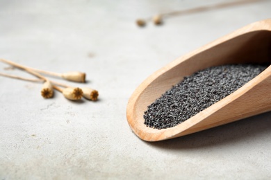 Photo of Wooden scoop with poppy seeds on table, closeup