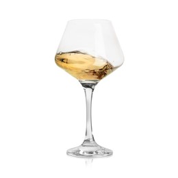 Image of White wine splashing in glass on white background