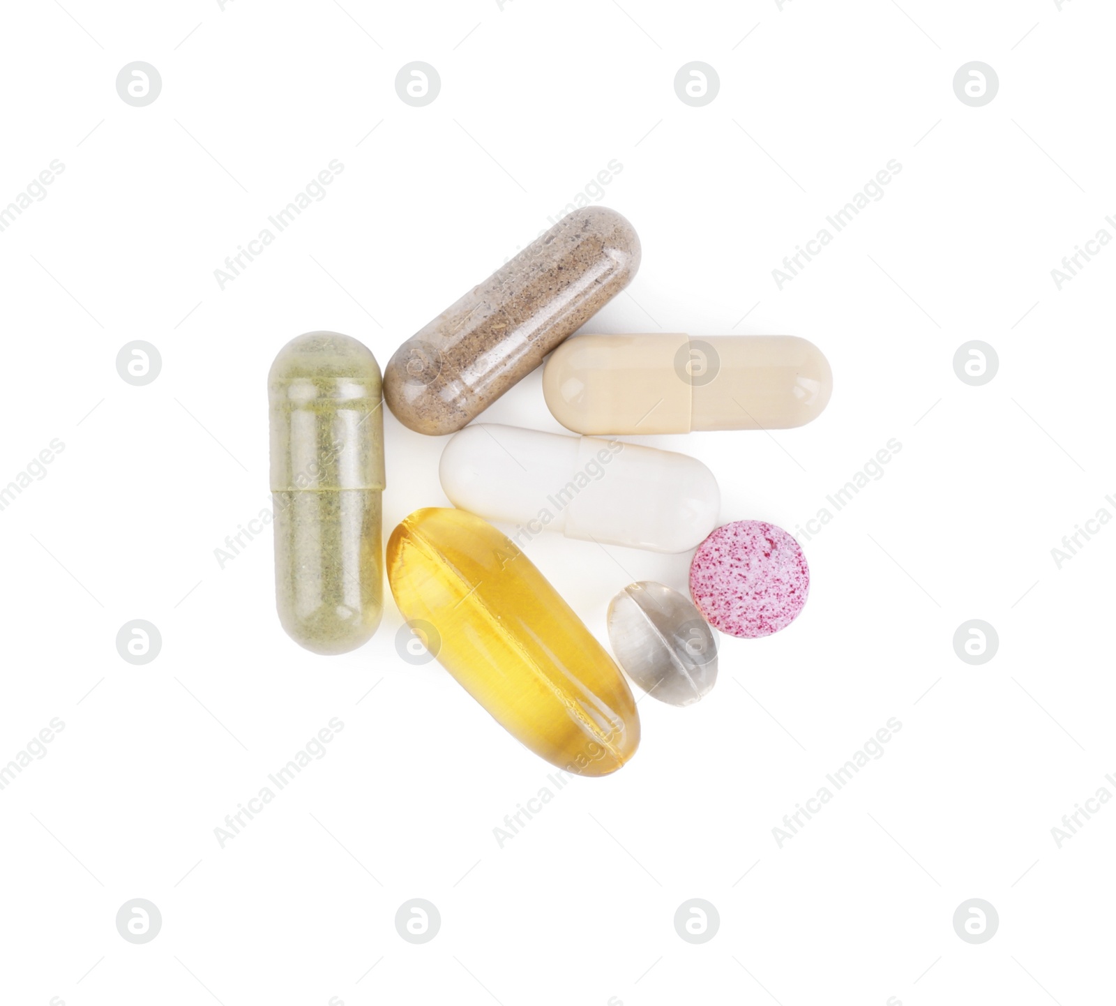 Photo of Many different vitamin pills isolated on white, top view