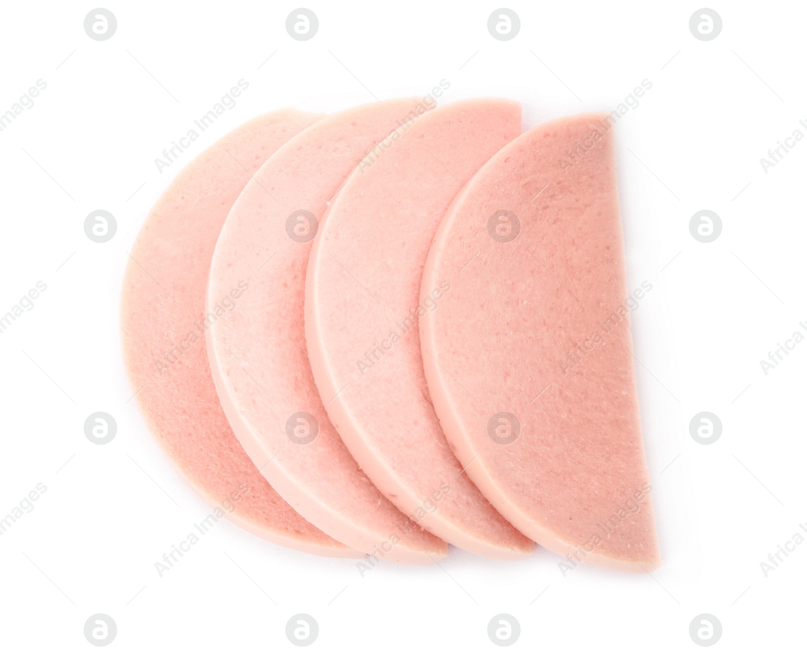 Photo of Slices of tasty boiled sausage on white background, top view