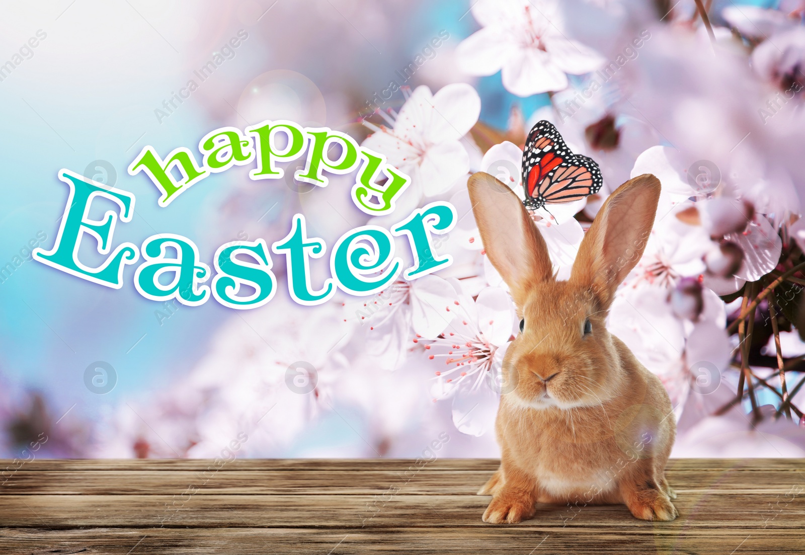 Image of Happy Easter. Adorable bunny on wooden table outdoors