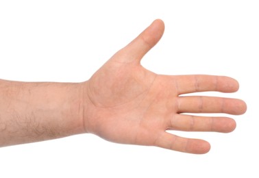 Man showing his hand on white background, closeup