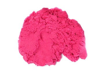 Pile of pink kinetic sand on white background, top view