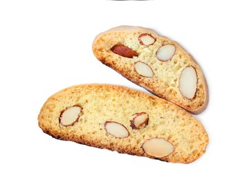 Slices of tasty cantucci on white background, top view. Traditional Italian almond biscuits