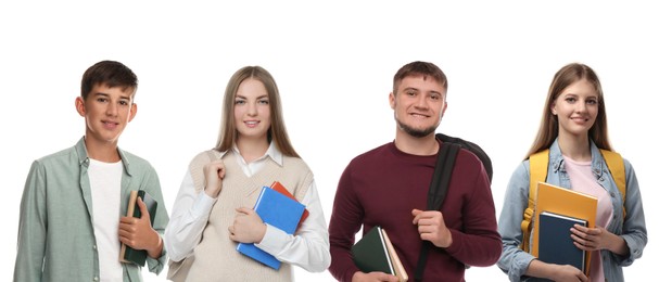 Image of Group of happy students with books on white background
