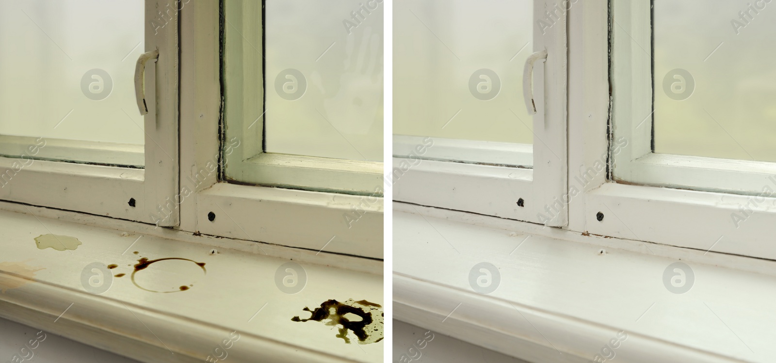 Image of Collage with photos of window sill before and after cleaning