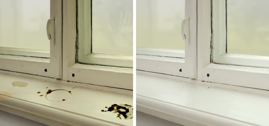 Image of Collage with photos of window sill before and after cleaning