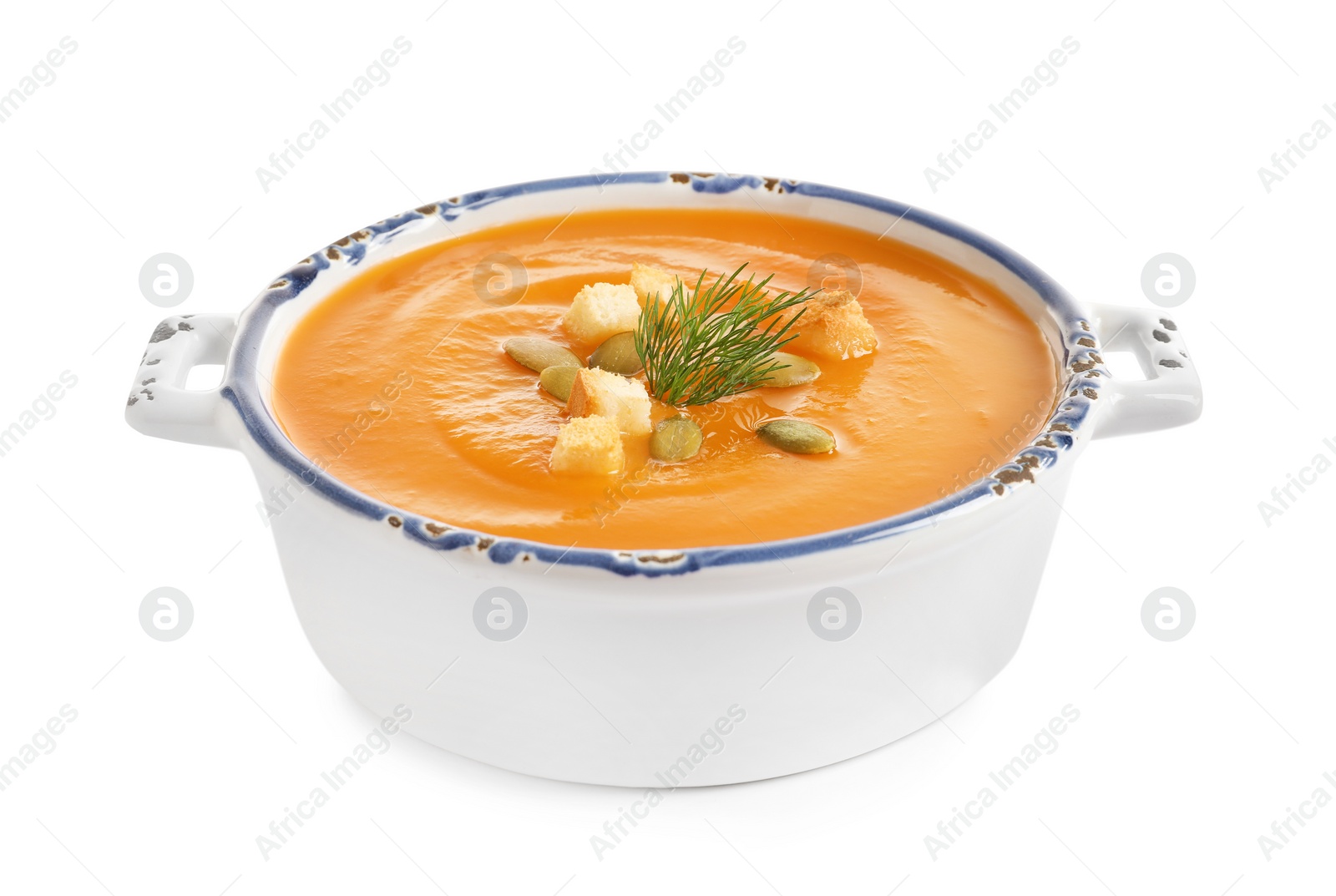 Photo of Bowl of tasty sweet potato soup isolated on white