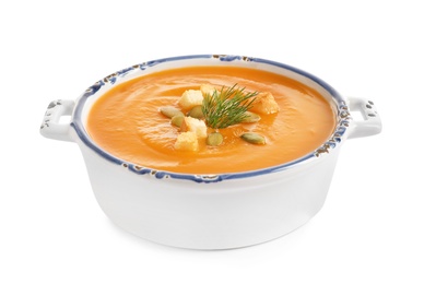 Photo of Bowl of tasty sweet potato soup isolated on white