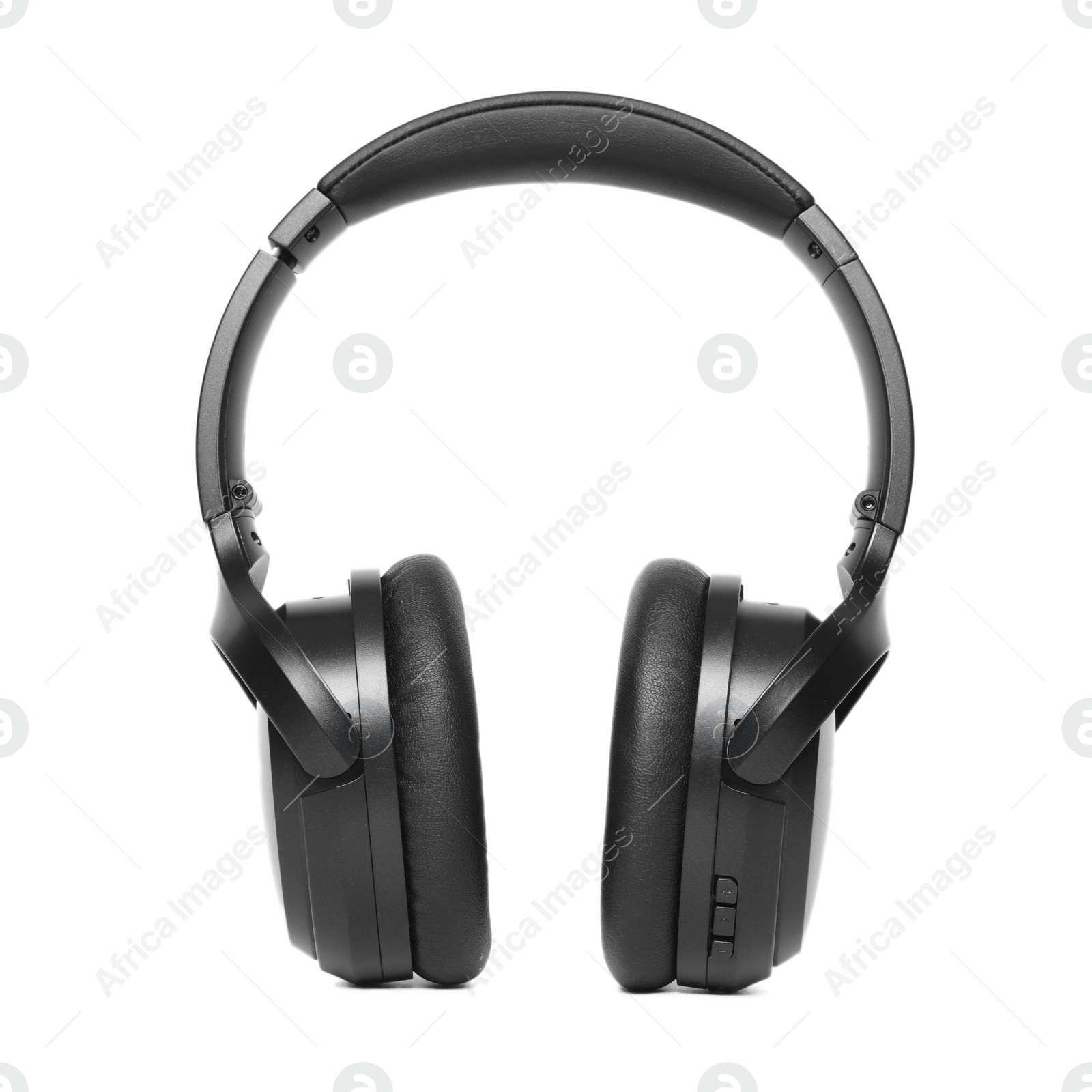 Photo of Modern black wireless headphones isolated on white