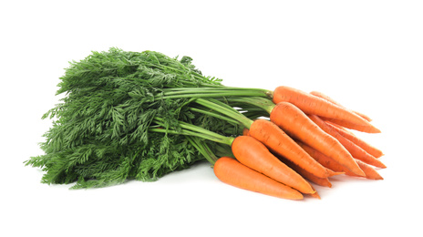 Photo of Bunch of fresh ripe carrots isolated on white