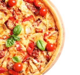 Delicious pizza with tomatoes and sausages on white background