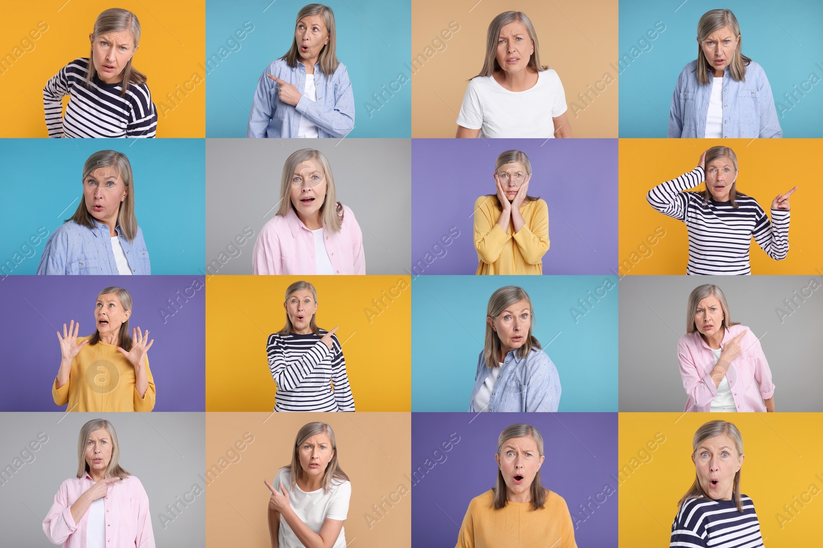 Image of Collage with photos of surprised woman on different color backgrounds