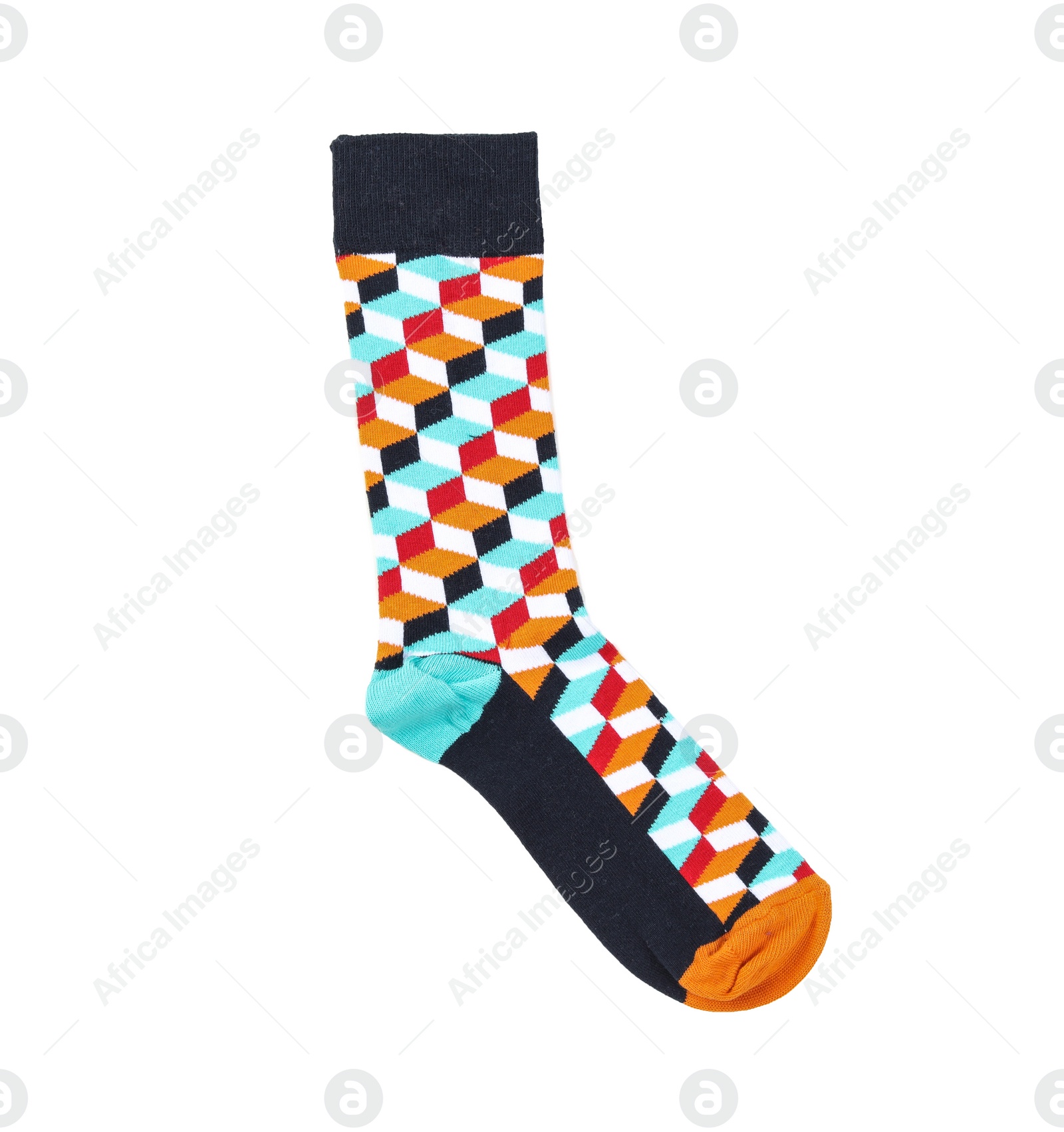 Photo of Colorful sock on white background, top view