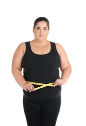 Photo of Overweight woman with measuring tape on white background