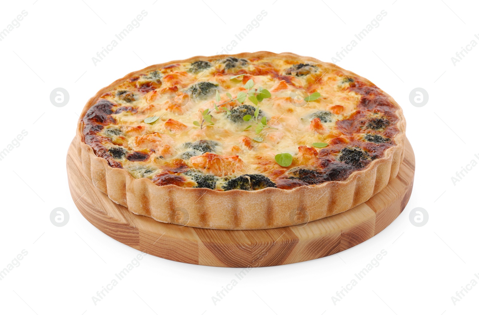 Photo of Delicious homemade quiche with salmon and broccoli isolated on white