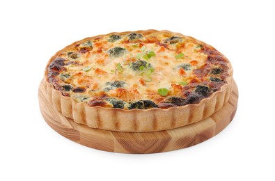 Photo of Delicious homemade quiche with salmon and broccoli isolated on white