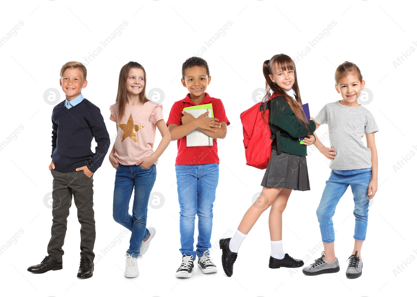 Image of Group of cute school children on white background