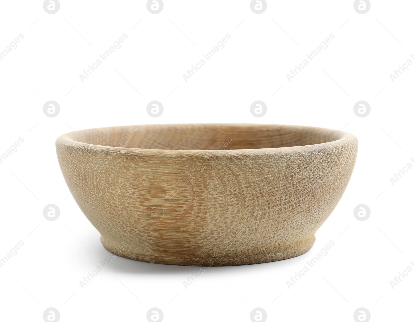 Photo of Wooden bowl isolated on white. Cooking utensil