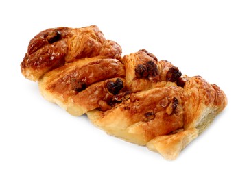 Photo of Tasty sweet bun with raisins isolated on white. Fresh pastry