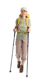 Female hiker with backpack and trekking poles on white background
