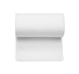 Photo of One roll of paper towels isolated on white, top view