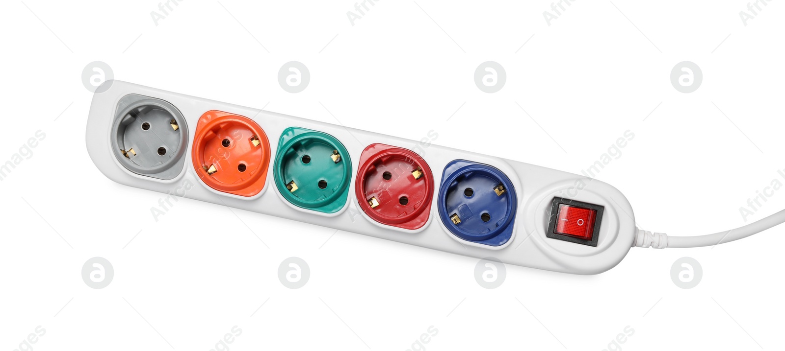 Photo of Power strip with switch button on white background, top view