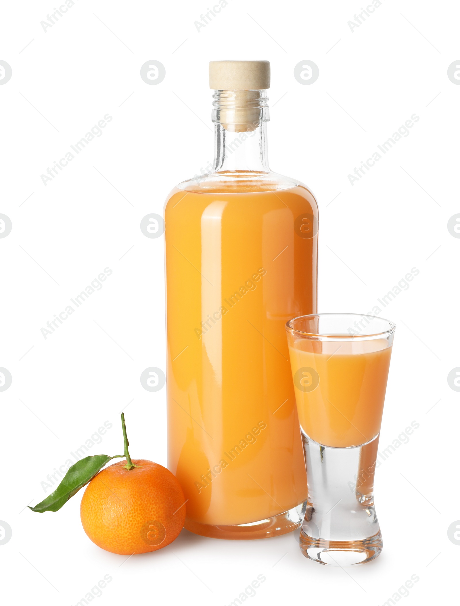 Photo of Tasty tangerine liqueur and fresh fruit isolated on white