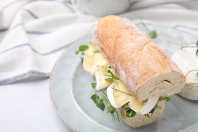 Photo of Tasty sandwich with brie cheese on light grey table, closeup. Space for text