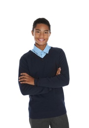 Photo of African American teenage boy in stylish school uniform on white background