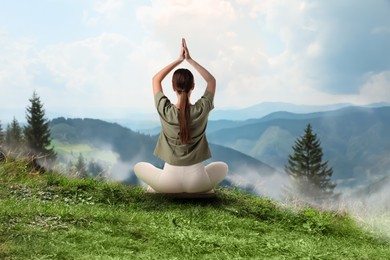 Image of Woman meditating in beautiful mountains, back view