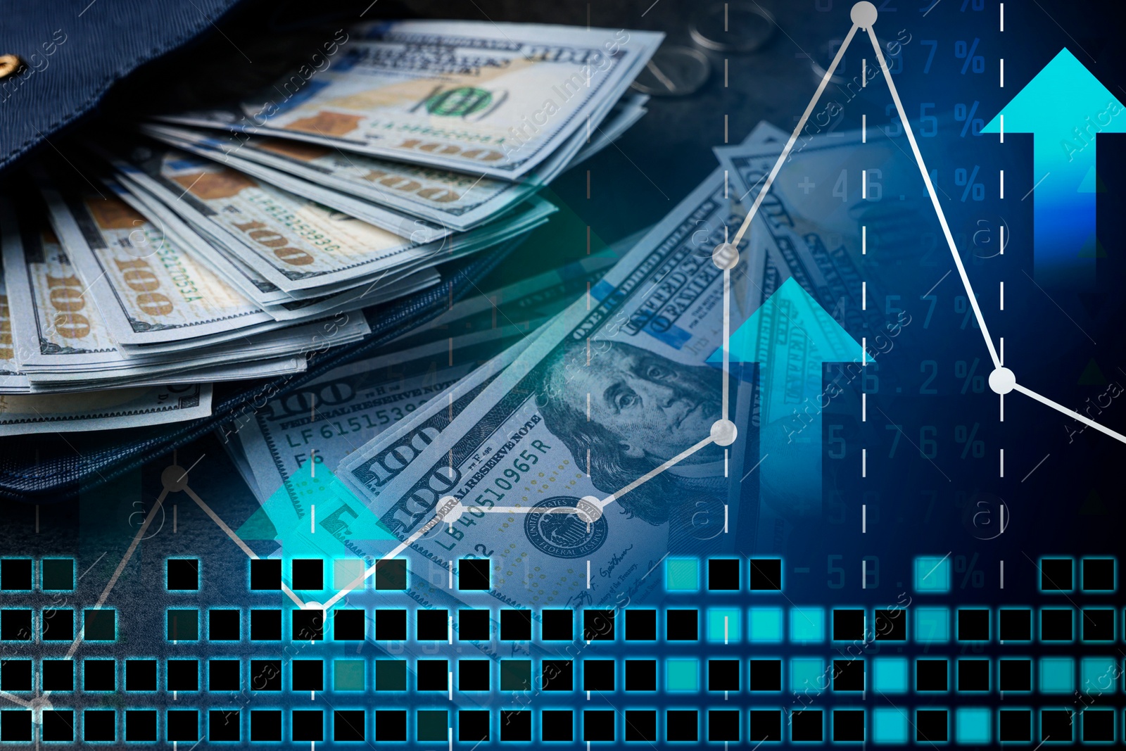 Image of Foreign exchange market. Double exposure of money and digital currency charts, closeup