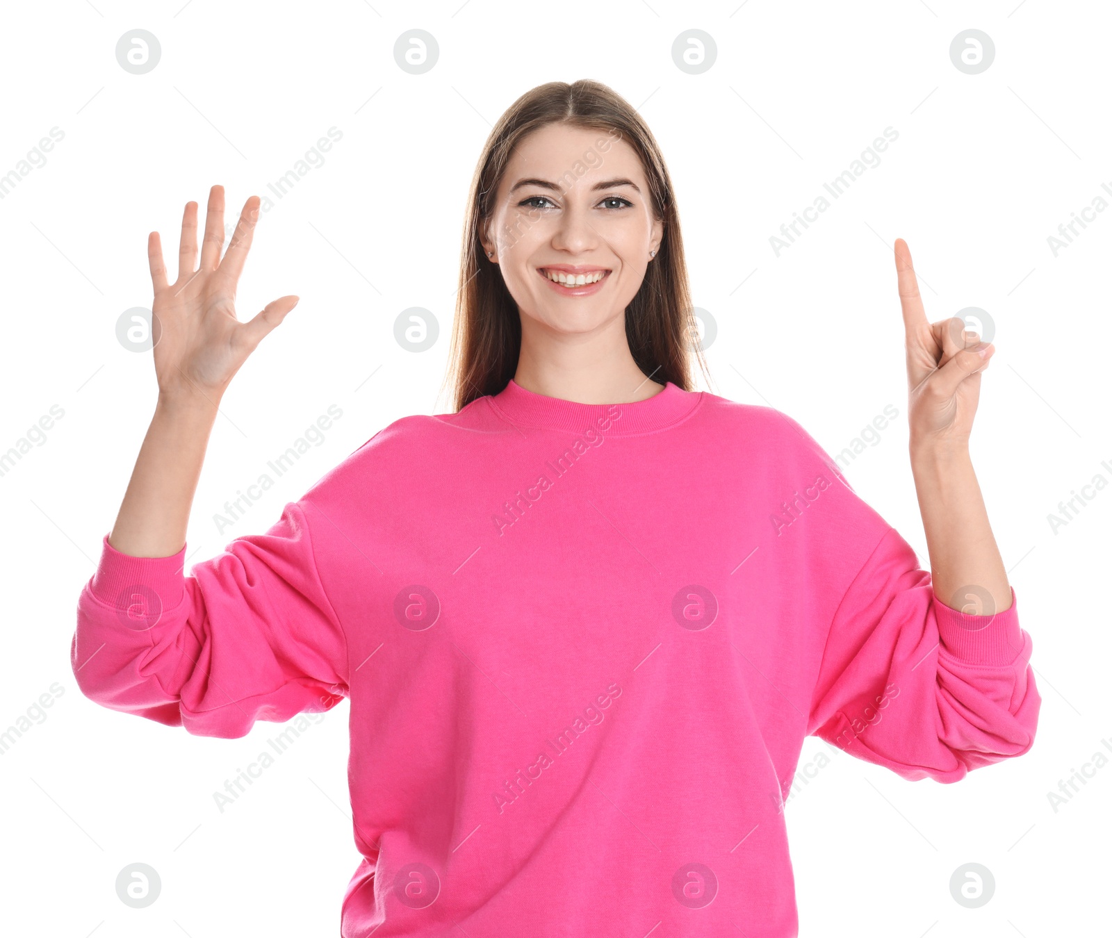 Photo of Woman showing number six with her hands on white background