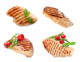 Set of grilled chicken breasts on white background