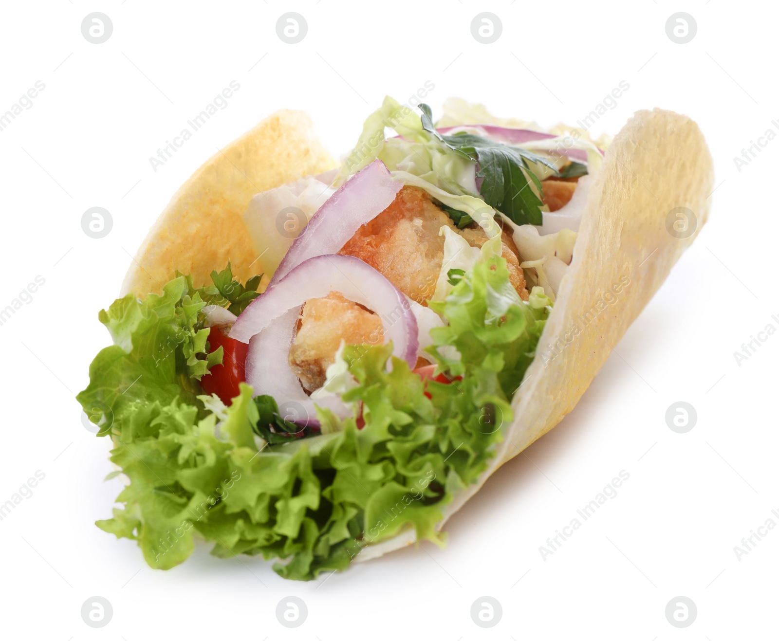 Photo of Yummy fish taco with onion isolated on white