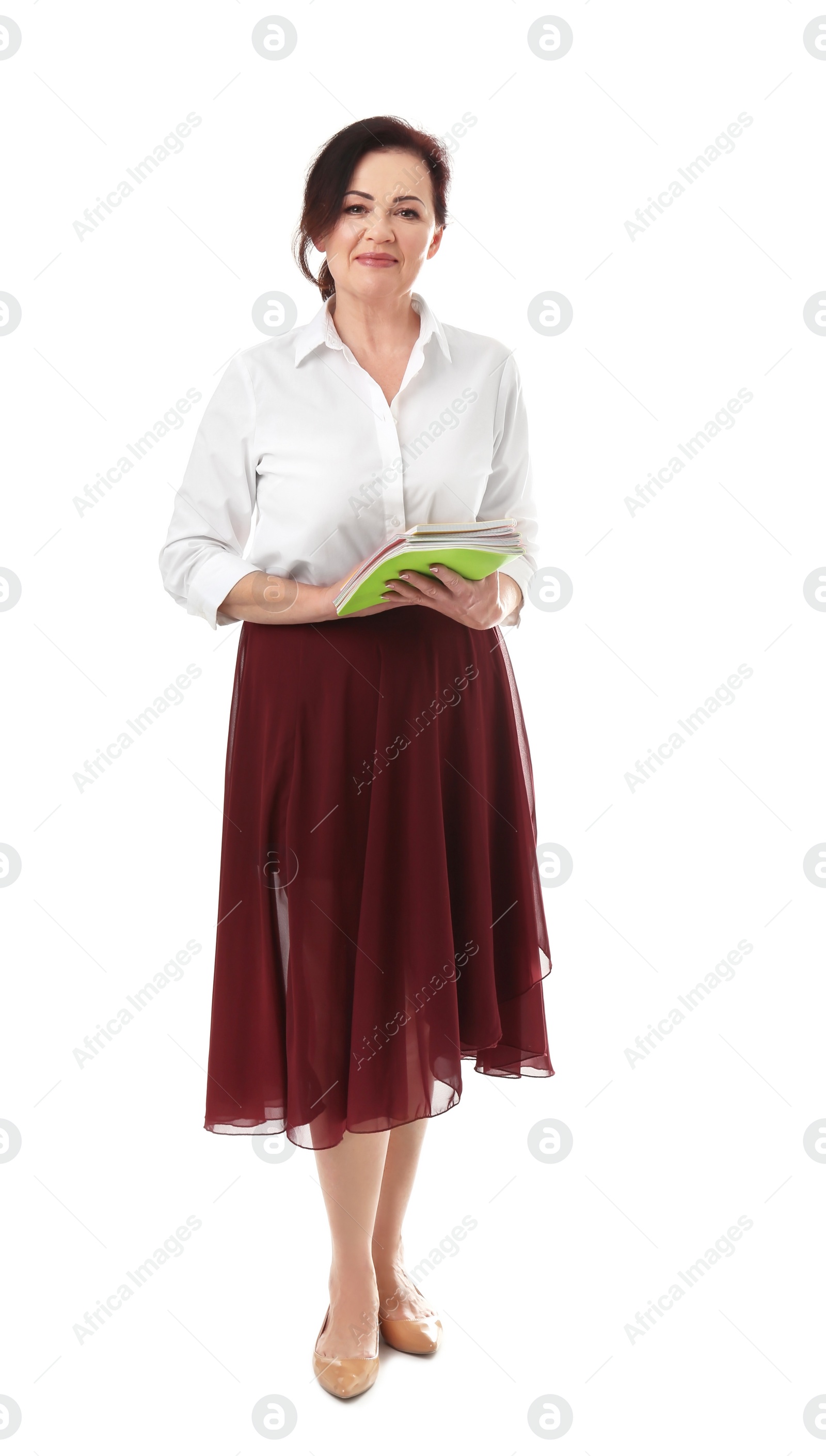 Photo of Female teacher with notebooks on white background
