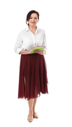 Female teacher with notebooks on white background