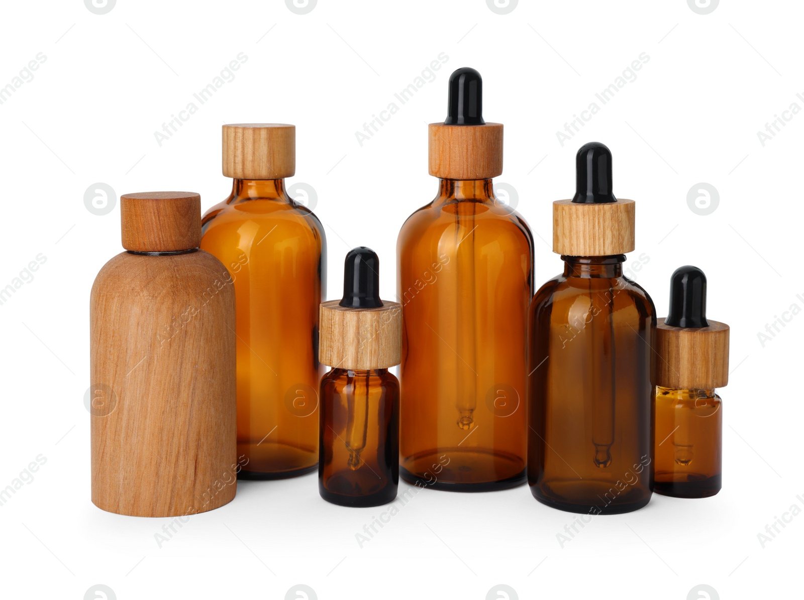 Photo of Set of stylish glass and wooden containers isolated on white