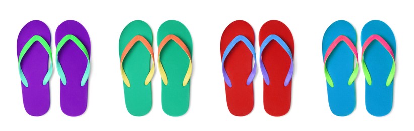 Image of  Set with different colorful flip flops on white background, top view. Banner design