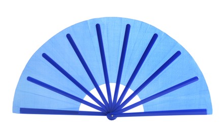 Photo of Bright light blue hand fan isolated on white