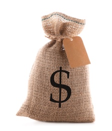 Image of Burlap bag with dollar sign on white background