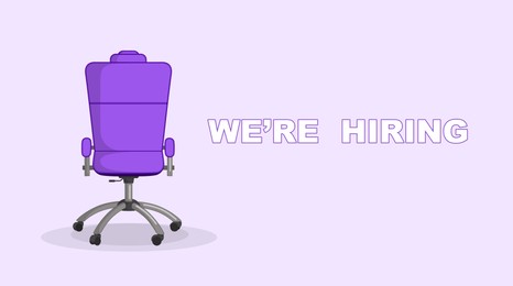 Illustration of Purple office chair and text WE`RE HIRING on lilac background