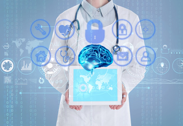 Image of Double exposure of doctor with tablet and artificial intelligence model. Machine learning concept
