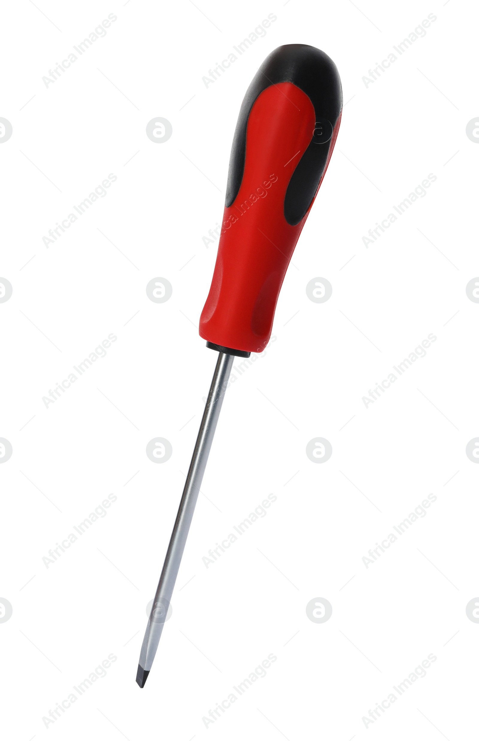 Photo of New screwdriver on white background. Professional construction tool