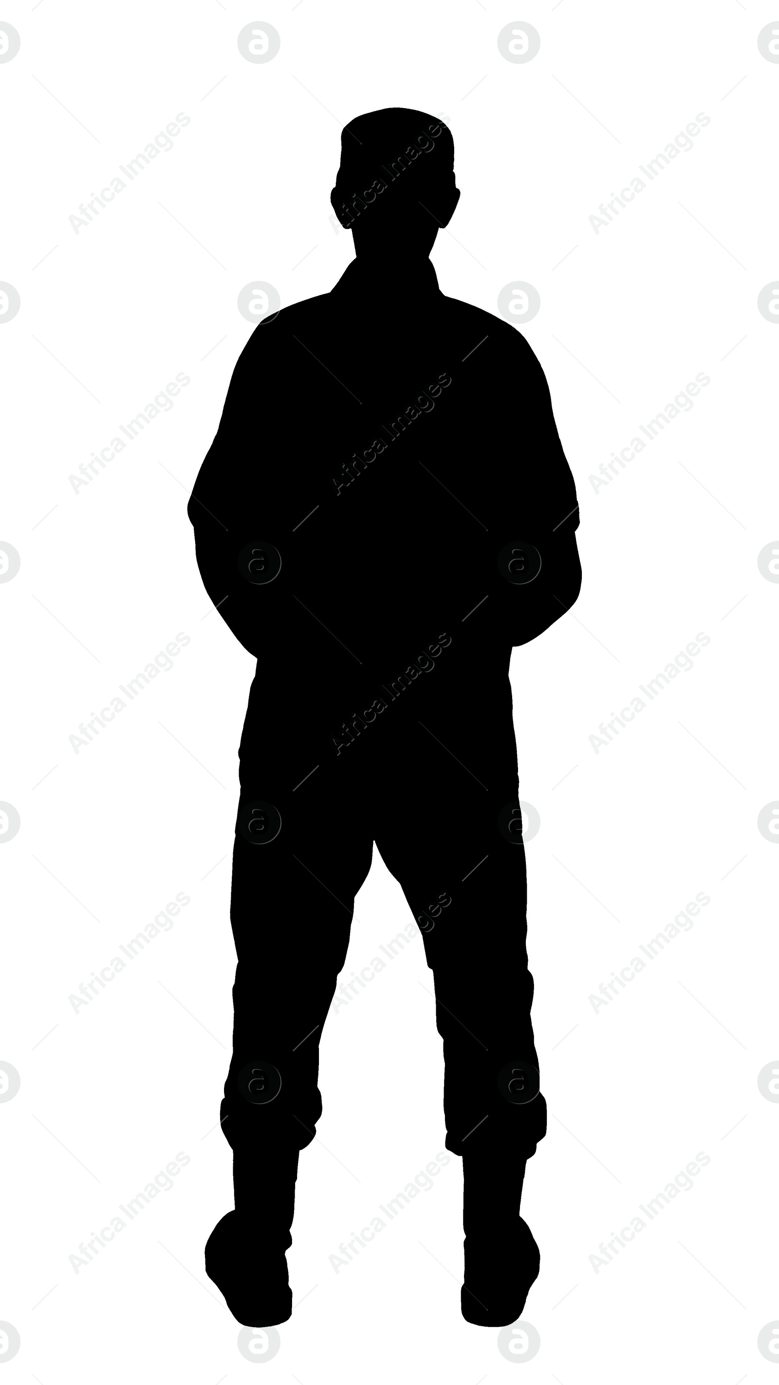 Image of Silhouette of soldier in uniform on white background. Military service