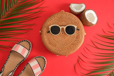 Photo of Flat lay composition with bamboo bag on color background