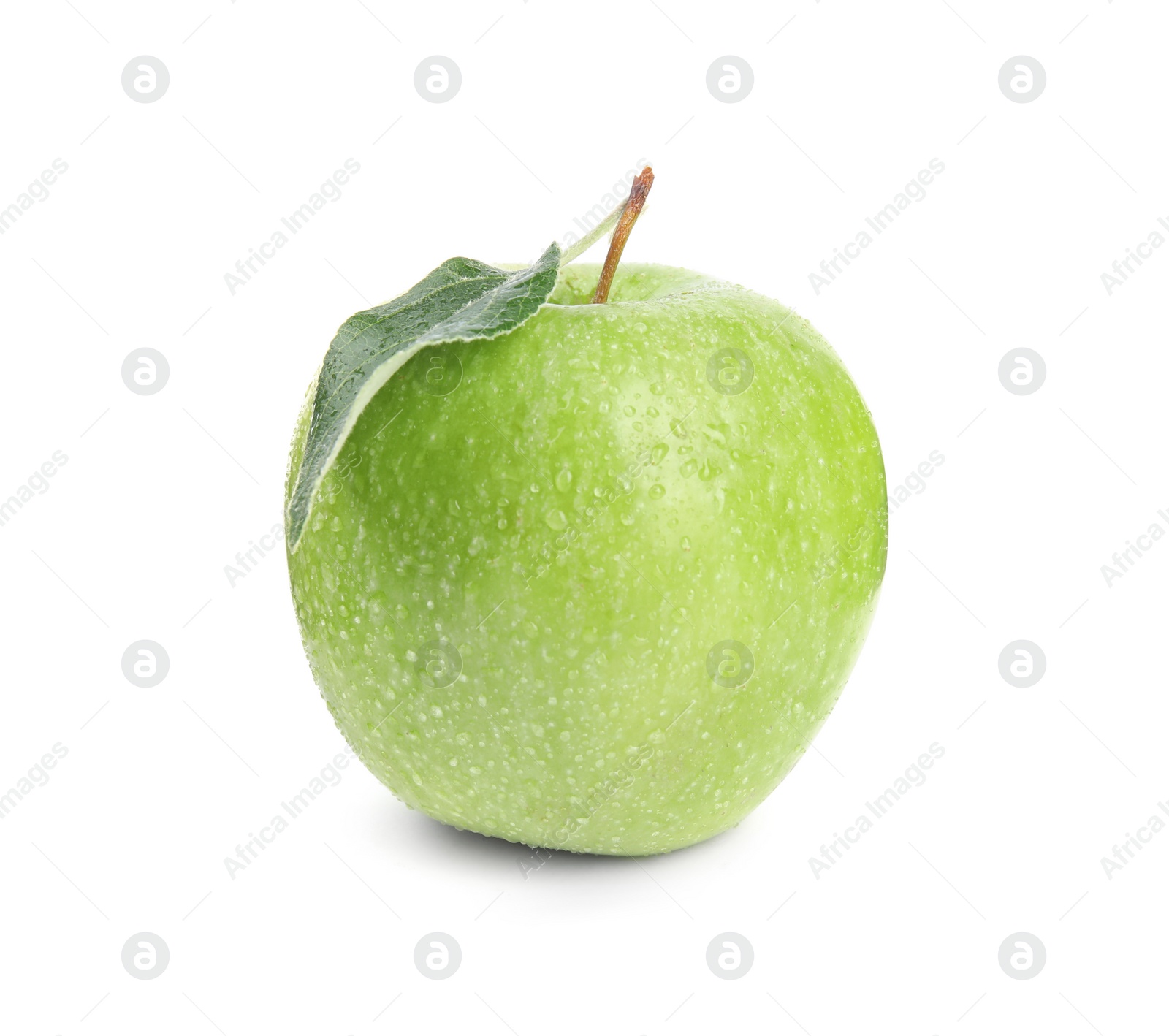 Photo of Fresh ripe green apple with water drops and leaf on white background